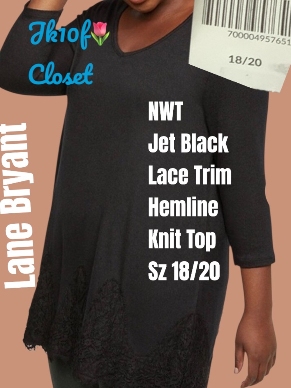 LOWEST🌺 NWT Lane Bryant 18/20 JET BLACK KNIT V-Neck Tunic with Lace Trim Hemline